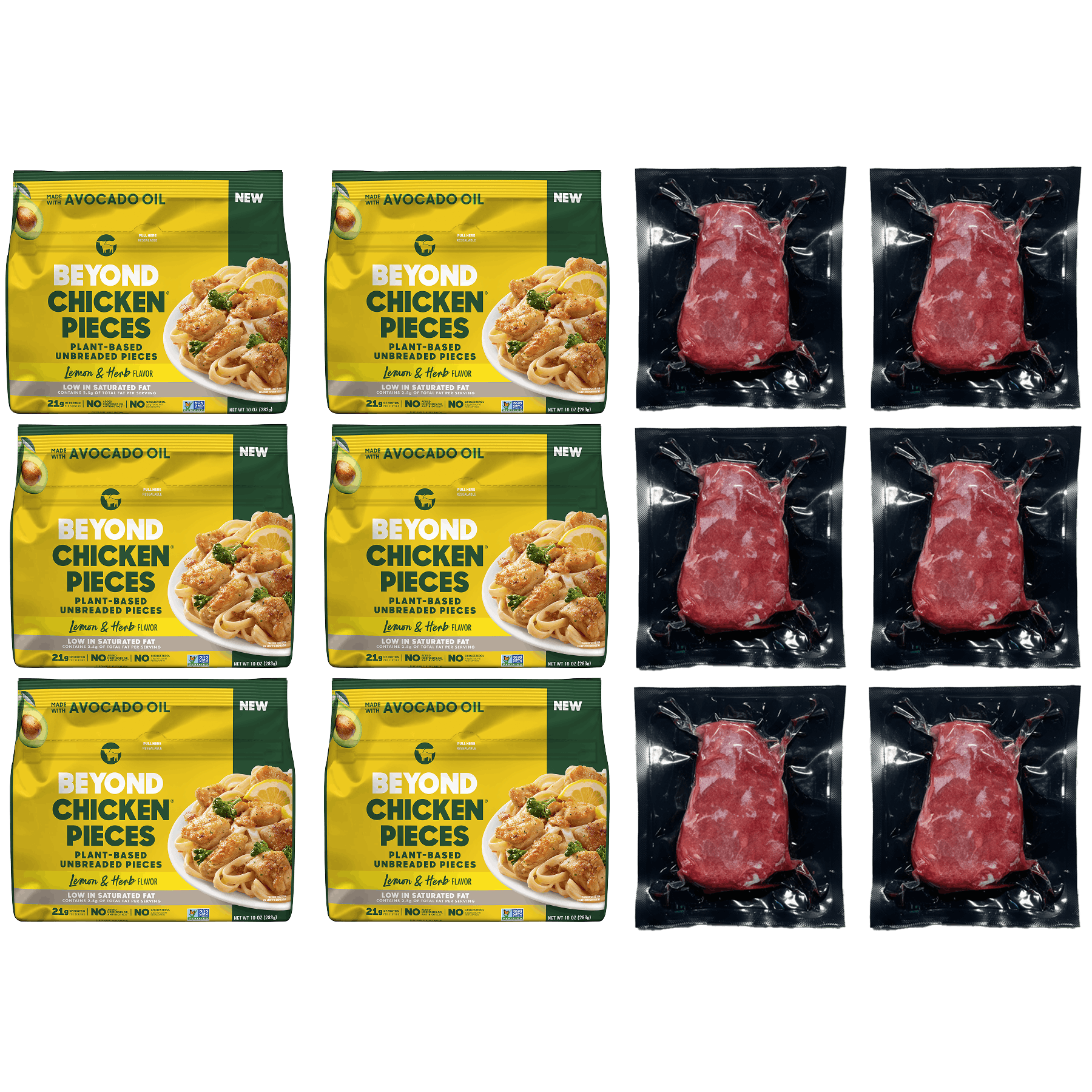 BEYOND CHICKEN PIECES LEMON & HERB 6 PACK + BEYOND STEAK FILET 6 PACK
