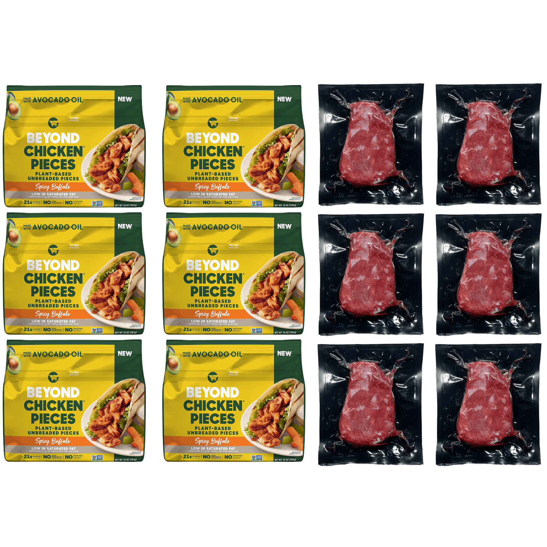 BEYOND CHICKEN PIECES SPICY BUFFALO 6 PACK + BEYOND STEAK FILET 6 PACK