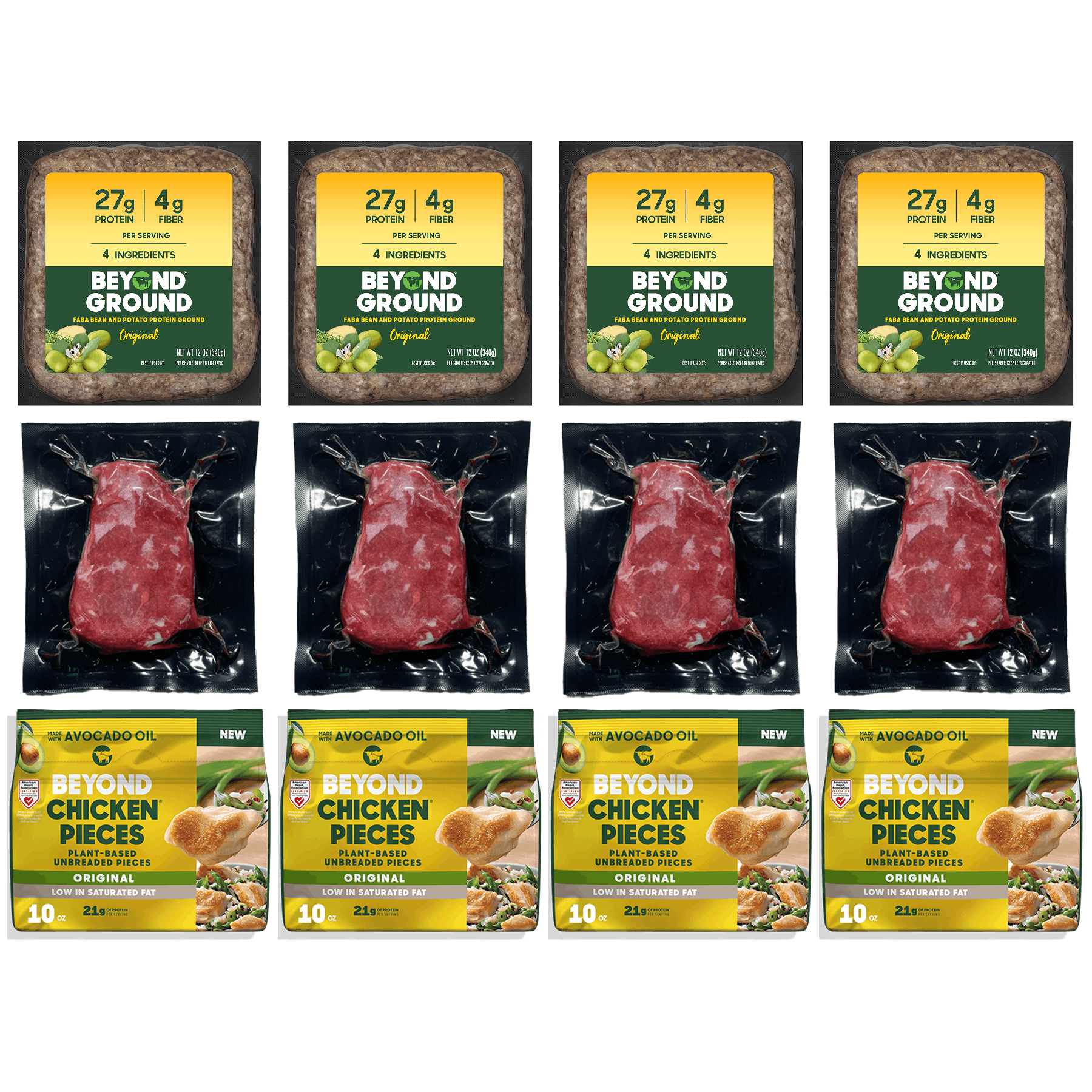 BEYOND GROUND ORIGINAL 4 PACK + BEYOND STEAK FILET 4 PACK + BEYOND CHICKEN PIECES ORIGINAL 4 PACK